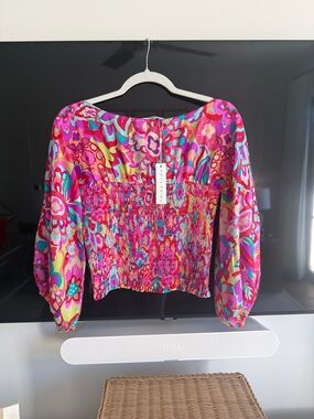 Trina Turk Pink Multicolor Floral Smocked Top